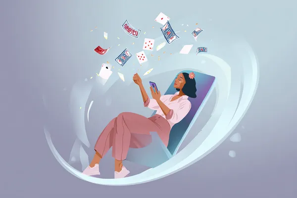 SPINARA App — Enjoy seamless gaming on your smartphone A young woman relaxing with her phone while dynamic casino elements float around her, illustrating the smooth mobile experience offered by the SPINARA app.